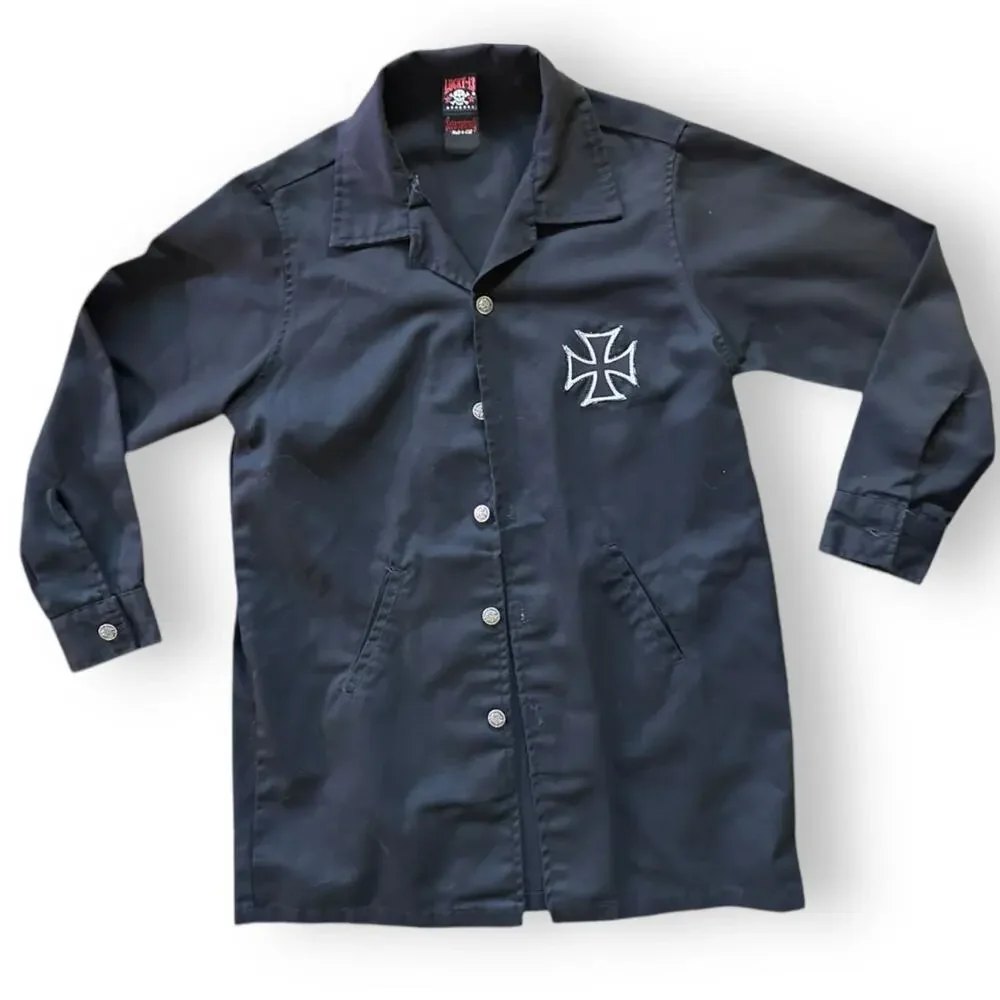 Vintage Lucky 13 Shirt Jacket Black Graphics Print Back USA Made Devil Kustom